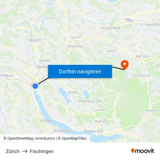 Zürich to Fischingen map