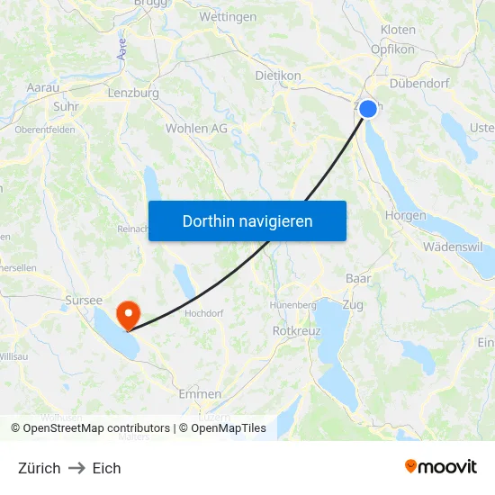 Zürich to Eich map