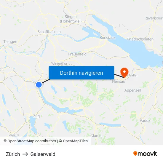 Zürich to Gaiserwald map