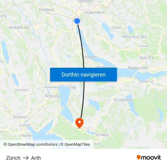 Zürich to Arth map