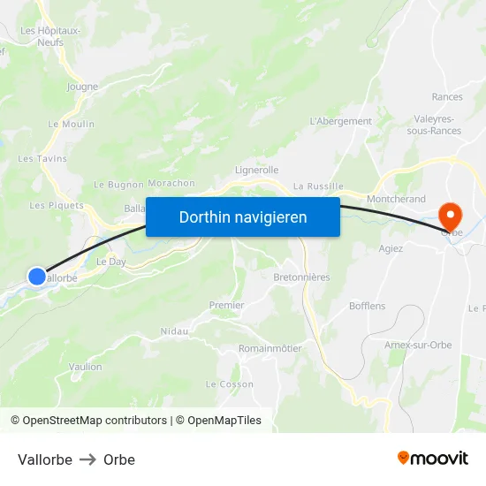 Vallorbe to Orbe map