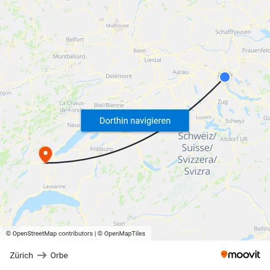 Zürich to Orbe map