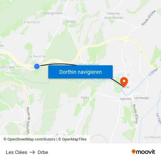 Les Clées to Orbe map
