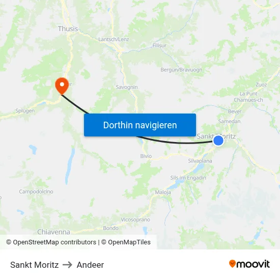 Sankt Moritz to Andeer map