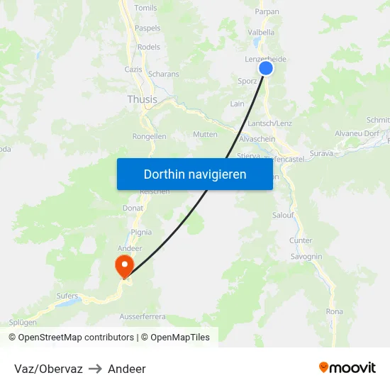 Vaz/Obervaz to Andeer map