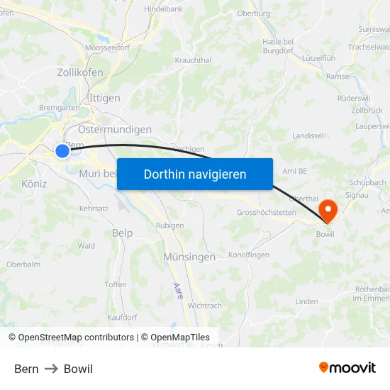 Bern to Bowil map