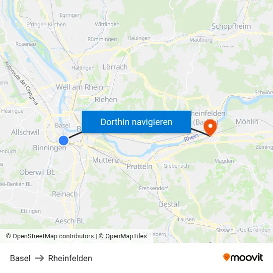 Basel to Rheinfelden map