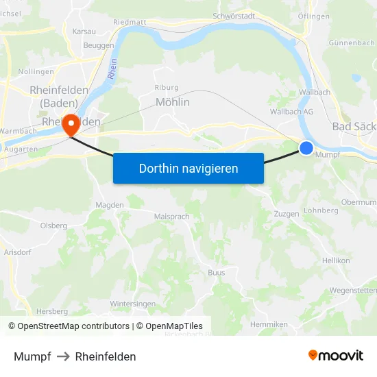 Mumpf to Rheinfelden map