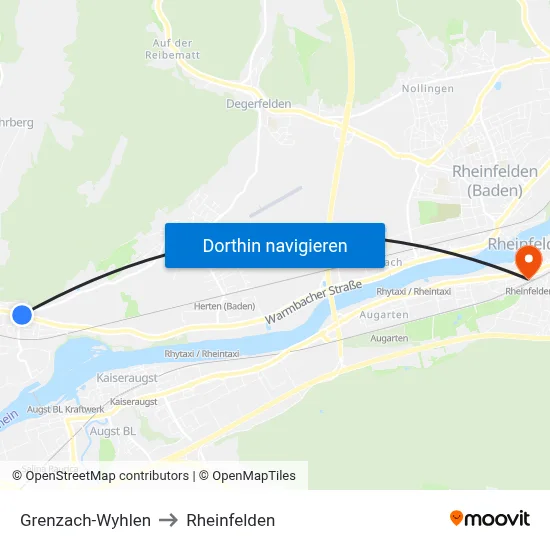 Grenzach-Wyhlen to Rheinfelden map