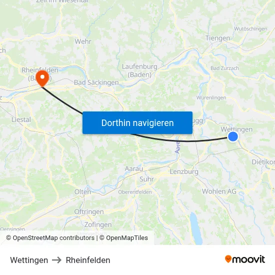 Wettingen to Rheinfelden map