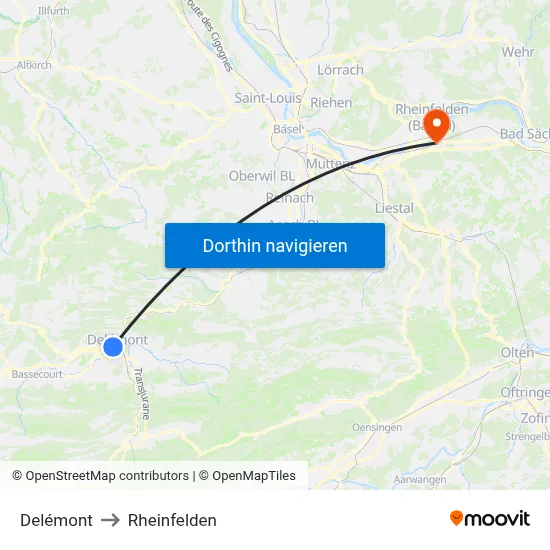 Delémont to Rheinfelden map