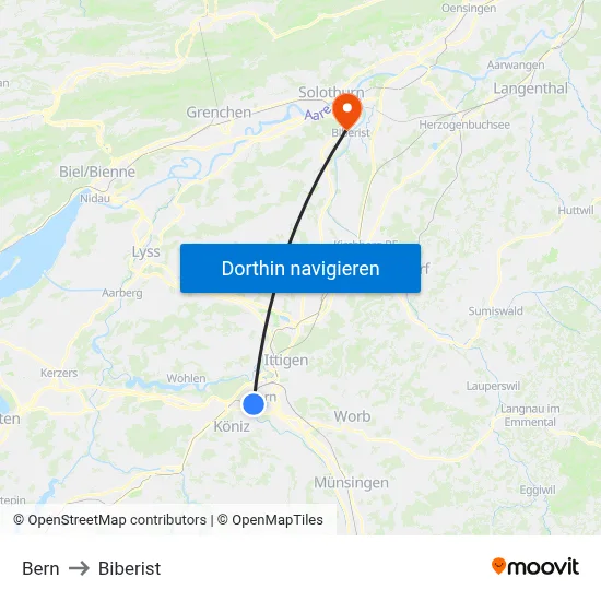 Bern to Biberist map