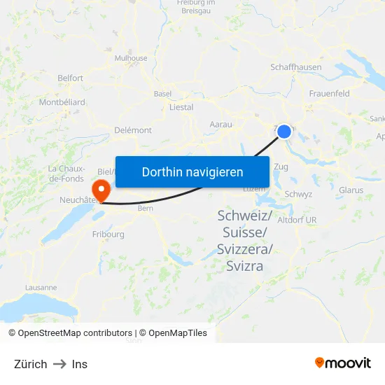 Zürich to Ins map