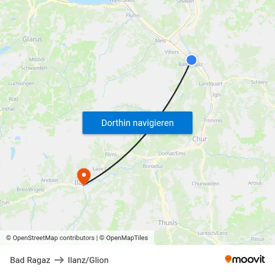 Bad Ragaz to Ilanz/Glion map