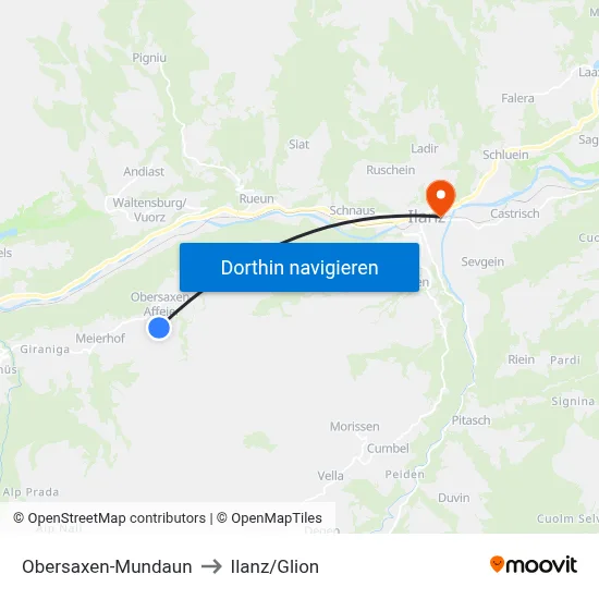 Obersaxen-Mundaun to Ilanz/Glion map