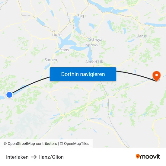 Interlaken to Ilanz/Glion map