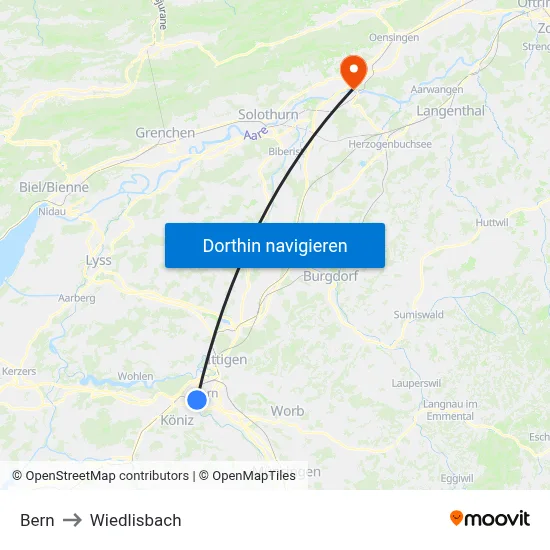 Bern to Wiedlisbach map