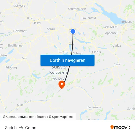 Zürich to Goms map