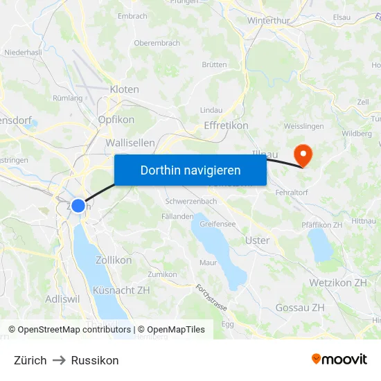 Zürich to Russikon map