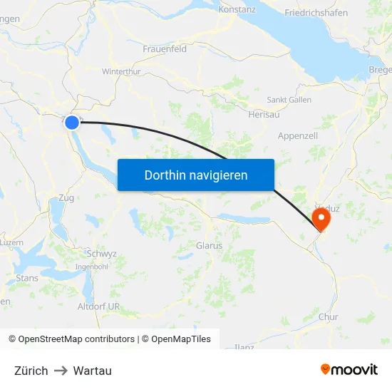 Zürich to Wartau map