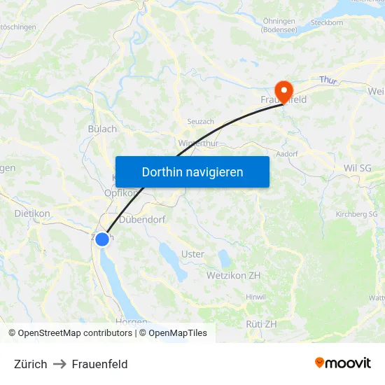 Zürich to Frauenfeld map