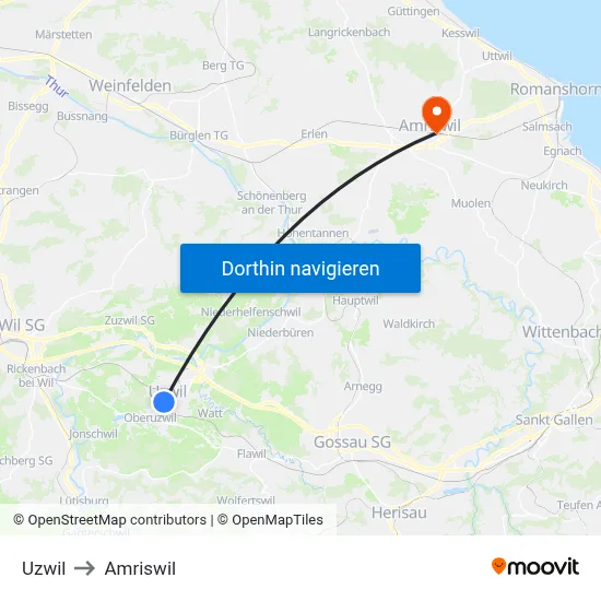 Uzwil to Amriswil map