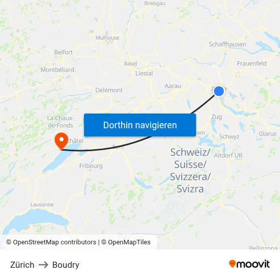 Zürich to Boudry map