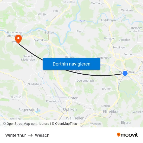 Winterthur to Weiach map