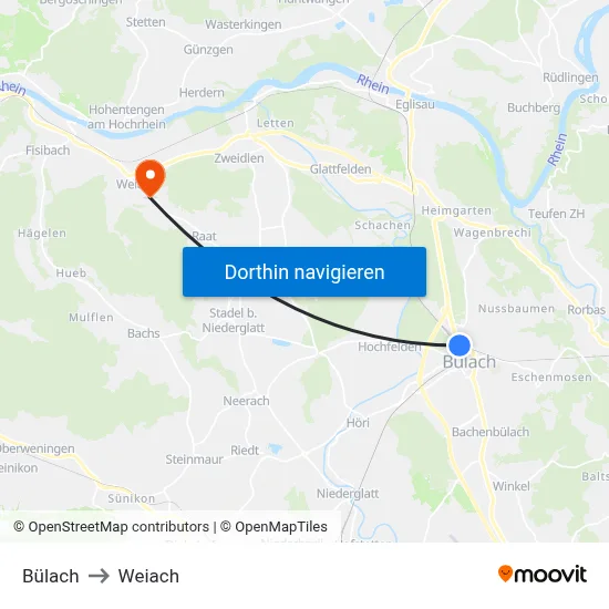 Bülach to Weiach map