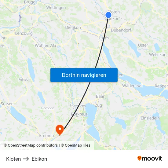Kloten to Ebikon map