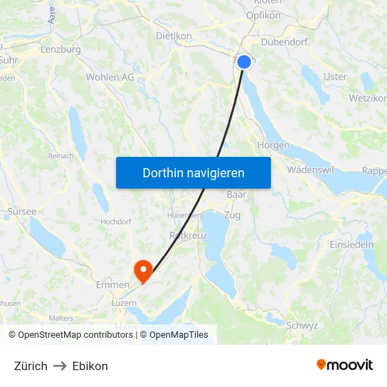 Zürich to Ebikon map