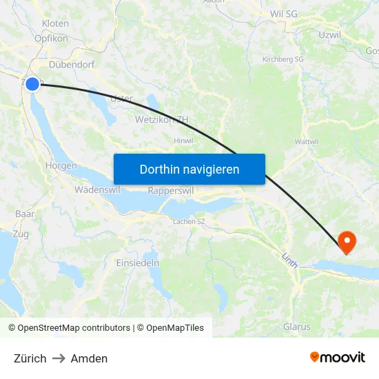 Zürich to Amden map