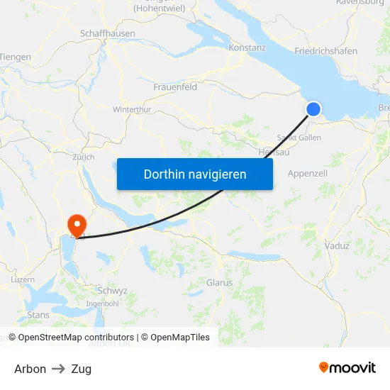 Arbon to Zug map