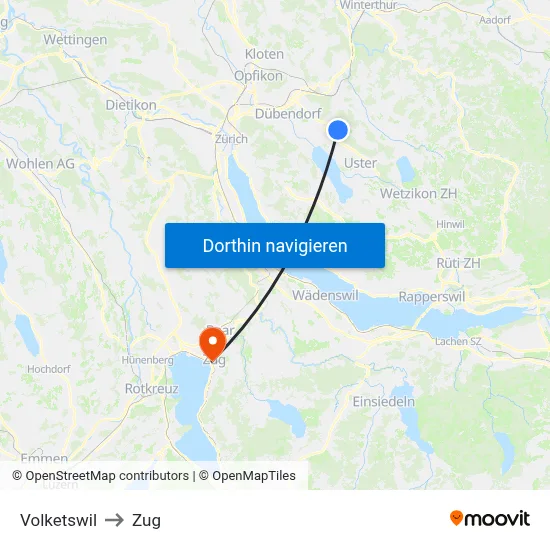 Volketswil to Zug map