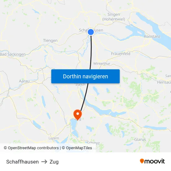 Schaffhausen to Zug map