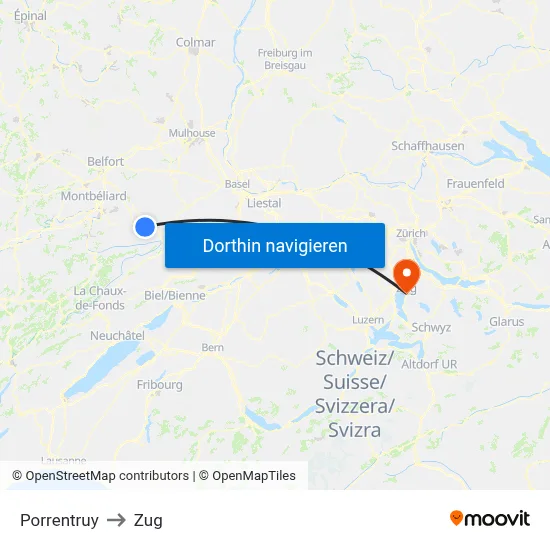 Porrentruy to Zug map