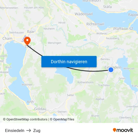 Einsiedeln to Zug map