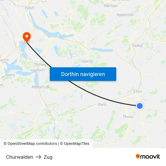 Churwalden to Zug map