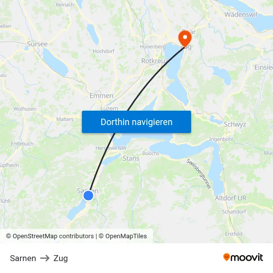 Sarnen to Zug map