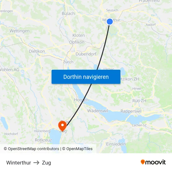 Winterthur to Zug map