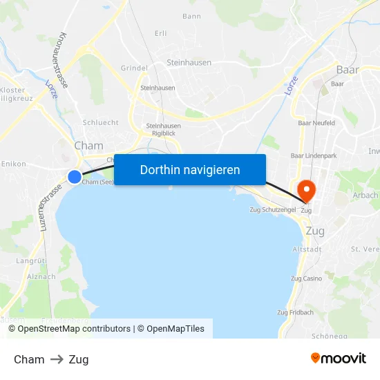 Cham to Zug map