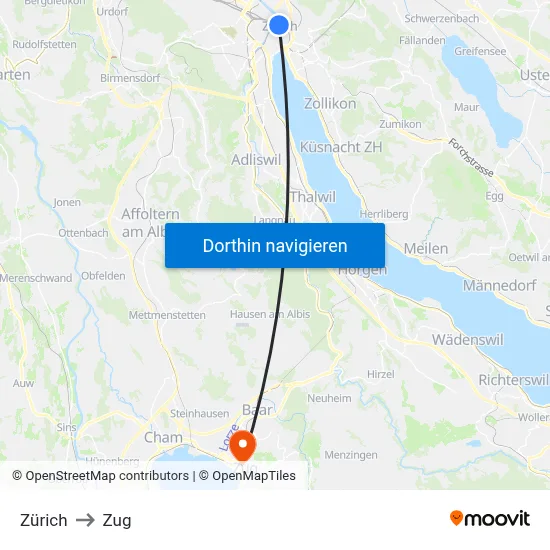 Zürich to Zug map