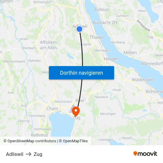 Adliswil to Zug map