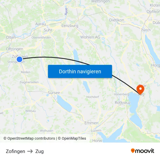 Zofingen to Zug map