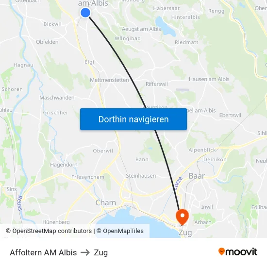 Affoltern AM Albis to Zug map