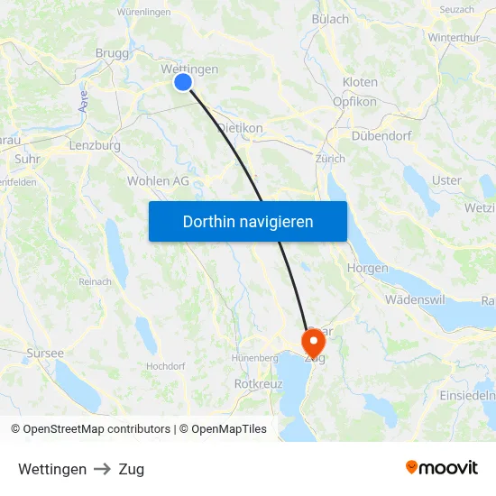 Wettingen to Zug map