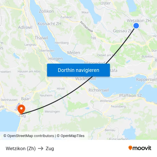 Wetzikon (Zh) to Zug map