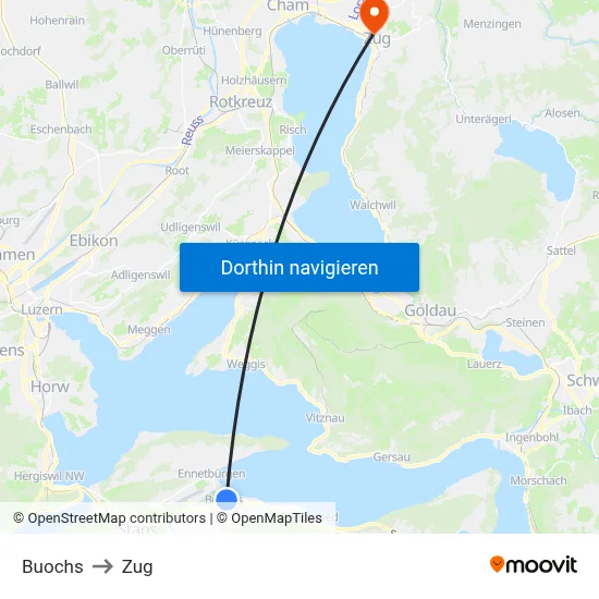 Buochs to Zug map