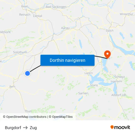 Burgdorf to Zug map