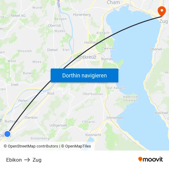 Ebikon to Zug map